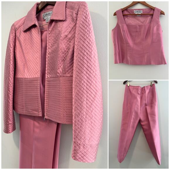 Carlisle 3 Piece Pink Pantsuit Silk Wool Pleated Zip Up Jacket Size 14 SG - Picture 1 of 15